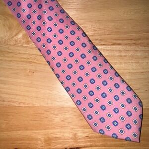 Brooks Brothers Pink Tie With Blue White Design 100% Silk Men's Necktie
